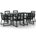 7-Piece Garden Dining Set Black Wood Poly Rattan Wicker Outdoor Patio Furniture