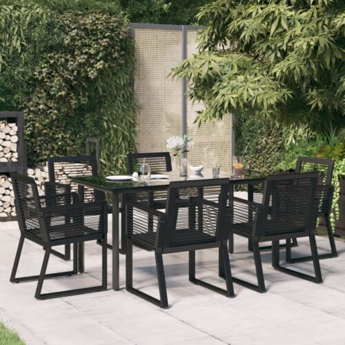 7-Piece Garden Dining Set Black Wood Poly Rattan Wicker Outdoor Patio Furniture - Image 3