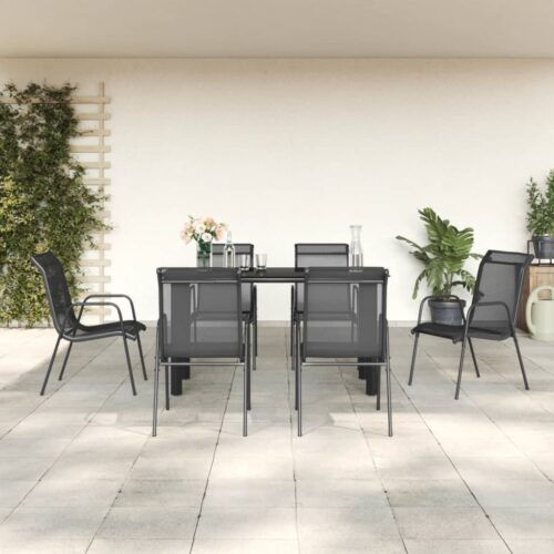7-Piece Garden Dining Set Black Steel Textilene Outdoor Patio Lounge Furniture - Image 3