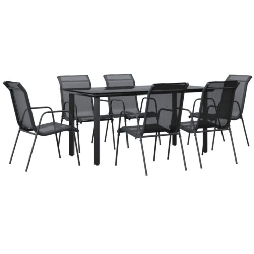 7-Piece Garden Dining Set Black Steel Textilene Outdoor Patio Lounge Furniture