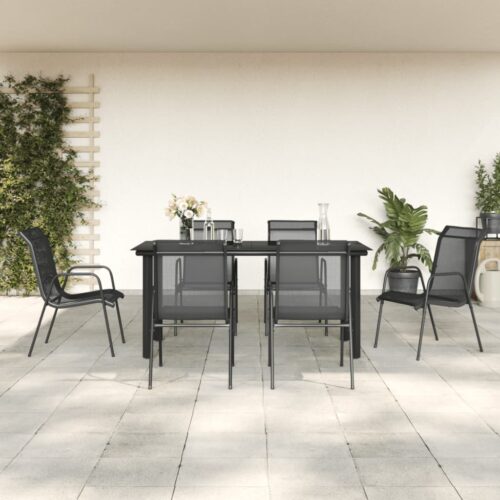 7-Piece Garden Dining Set Black Steel Textilene Outdoor Patio Lounge Furniture - Image 3