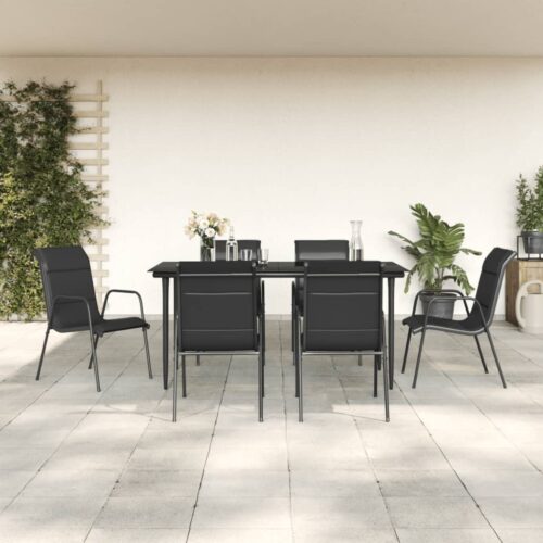 7-Piece Garden Dining Set Black Steel Textilene Outdoor Patio Lounge Furniture - Image 2