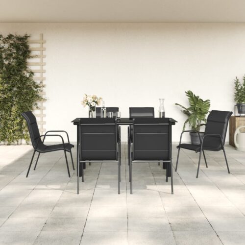 7-Piece Garden Dining Set Black Steel Textilene Outdoor Patio Lounge Furniture - Image 3