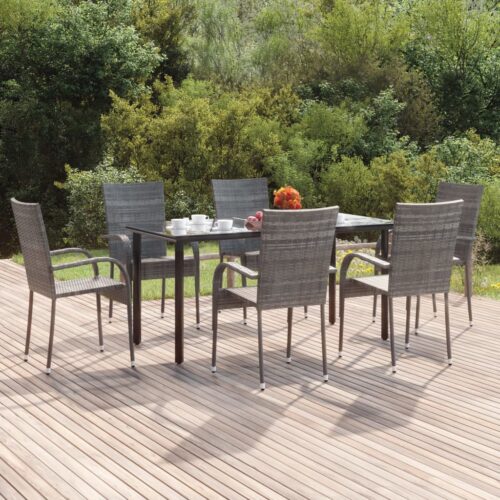 7-Piece Garden Dining Set Grey Poly Rattan Wicker Outdoor Patio Furniture - Image 2