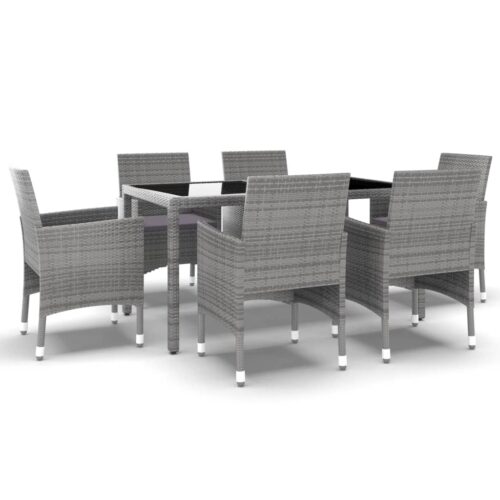 7-Piece Garden Dining Set Poly Rattan Wicker Outdoor Patio Furniture Tempered Glass Grey