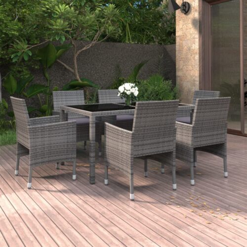 7-Piece Garden Dining Set Poly Rattan Wicker Outdoor Patio Furniture Tempered Glass Grey - Image 2