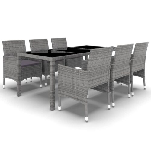 7-Piece Garden Dining Set Poly Rattan Wicker Outdoor Patio Furniture Tempered Glass Grey