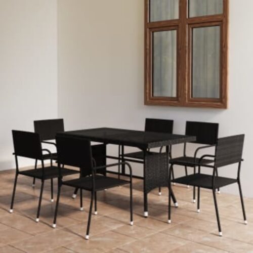 7-Piece Garden Dining Set Poly Rattan Wicker Outdoor Patio Furniture Black - Image 2