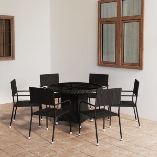 7-Piece Garden Dining Set Poly Rattan Wicker Outdoor Patio Furniture Black - Image 2