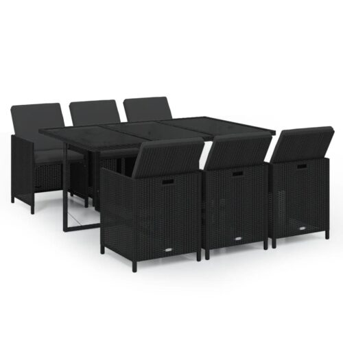 7-Piece Garden Dining Set with Cushions Poly Rattan Wicker Outdoor Patio Furniture Black