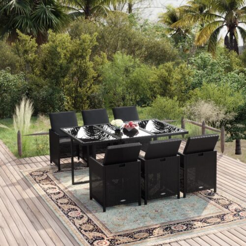 7-Piece Garden Dining Set with Cushions Poly Rattan Wicker Outdoor Patio Furniture Black - Image 2