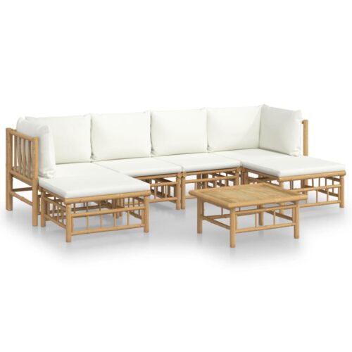 7-Piece Garden Lounge Set with Cream White Cushions Bamboo Outdoor Patio Lounge Furniture