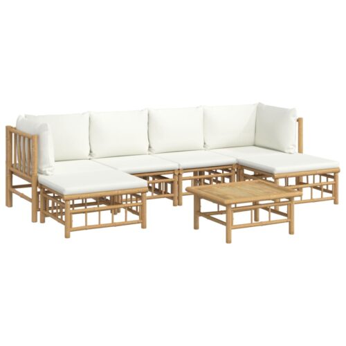 7-Piece Garden Lounge Set with Cream White Cushions Bamboo Outdoor Patio Lounge Furniture - Image 3