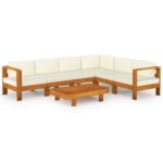 7-Piece Garden Lounge Set with Cream White Cushions Acacia Wood Outdoor Patio Lounge Furniture
