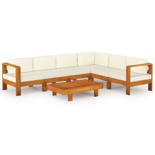 7-Piece Garden Lounge Set with Cream White Cushions Acacia Wood Outdoor Patio Lounge Furniture
