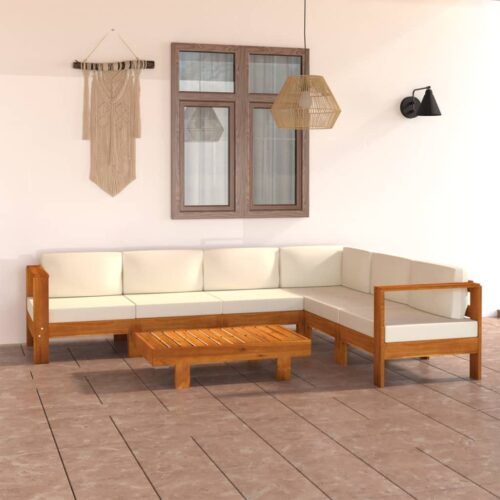 7-Piece Garden Lounge Set with Cream White Cushions Acacia Wood Outdoor Patio Lounge Furniture - Image 2