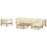 7-Piece Garden Lounge Set with Cream White Cushions Bamboo Outdoor Patio Lounge Furniture