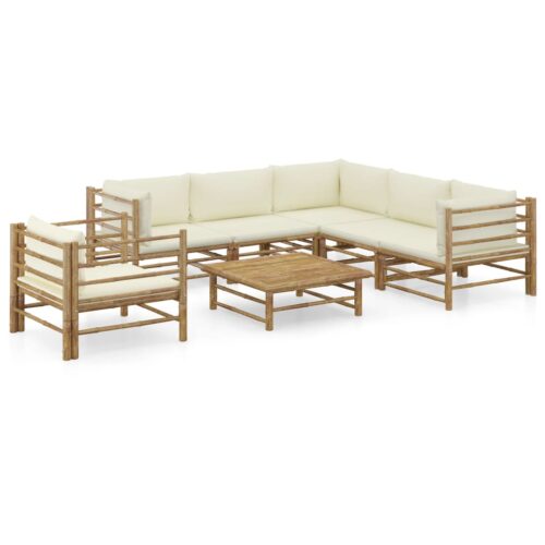 7-Piece Garden Lounge Set with Cream White Cushions Bamboo Outdoor Patio Lounge Furniture