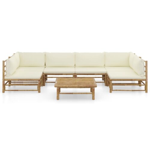7-Piece Garden Lounge Set with Cream White Cushions Bamboo Outdoor Patio Lounge Furniture