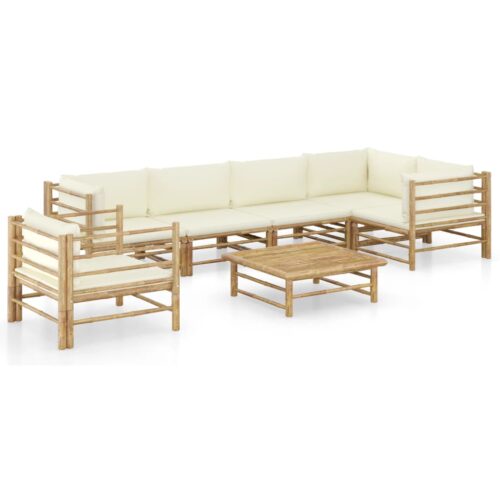 7-Piece Garden Lounge Set with Cream White Cushions Bamboo Outdoor Patio Lounge Furniture - Image 2