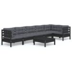 7-Piece Garden Lounge Set with Cushions Black Pine Wood Outdoor Patio Furniture