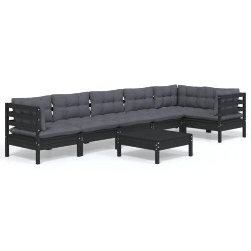 7-Piece Garden Lounge Set with Cushions Black Pine Wood Outdoor Patio Furniture