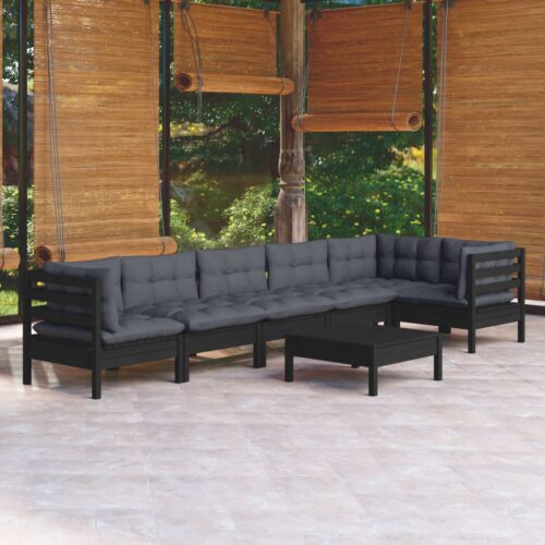 7-Piece Garden Lounge Set with Cushions Black Pine Wood Outdoor Patio Furniture - Image 2