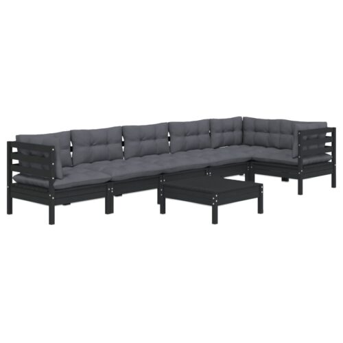7-Piece Garden Lounge Set with Cushions Black Pine Wood Outdoor Patio Furniture - Image 3