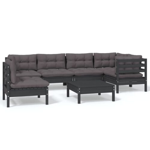 7-Piece Garden Lounge Set with Cushions Black Pine Wood Outdoor Patio Furniture