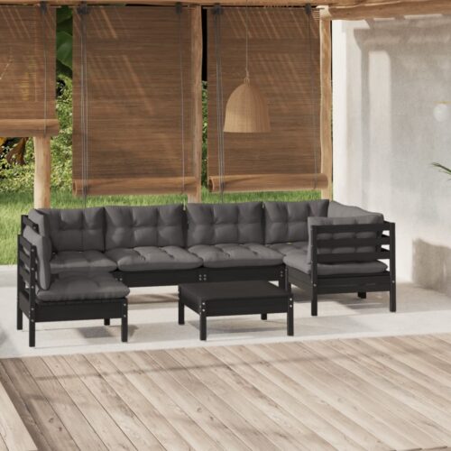 7-Piece Garden Lounge Set with Cushions Black Pine Wood Outdoor Patio Furniture - Image 2