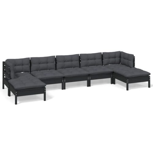 7-Piece Garden Lounge Set with Cushions Black Pine Wood Outdoor Patio Furniture