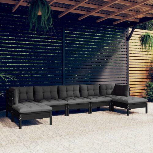 7-Piece Garden Lounge Set with Cushions Black Pine Wood Outdoor Patio Furniture - Image 2