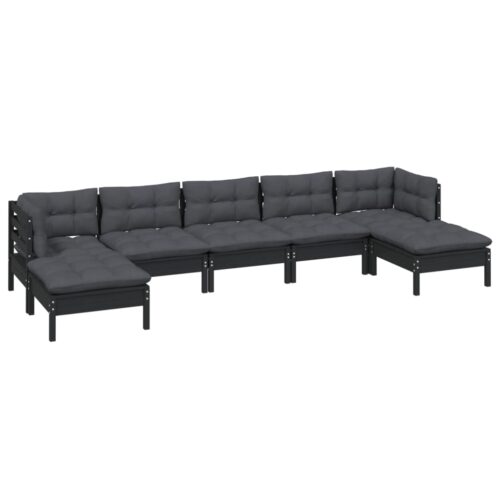 7-Piece Garden Lounge Set with Cushions Black Pine Wood Outdoor Patio Furniture - Image 3