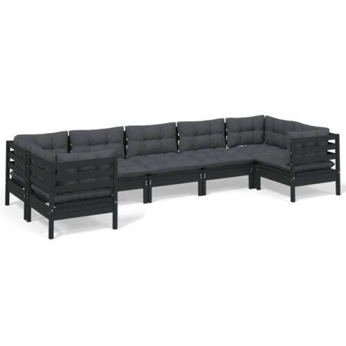 7-Piece Garden Lounge Set with Cushions Black Pine Wood Outdoor Patio Furniture