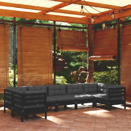 7-Piece Garden Lounge Set with Cushions Black Pine Wood Outdoor Patio Furniture - Image 2