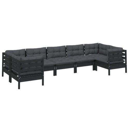 7-Piece Garden Lounge Set with Cushions Black Pine Wood Outdoor Patio Furniture - Image 3