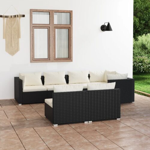 7-Piece Garden Lounge Set with Cushions Black Poly Rattan Wicker Outdoor Patio Furniture - Image 2