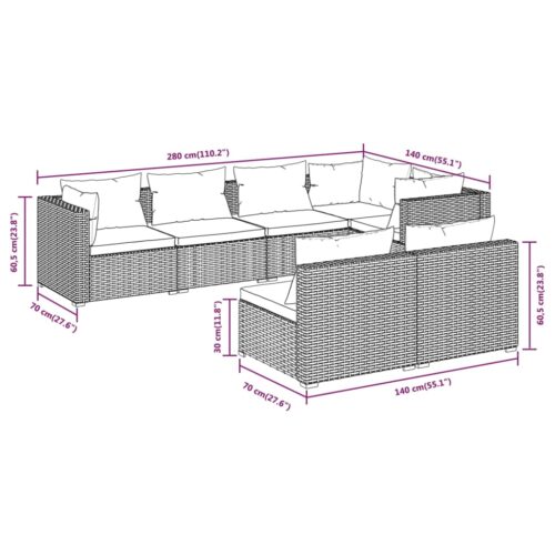 7-Piece Garden Lounge Set with Cushions Black Poly Rattan Wicker Outdoor Patio Furniture - Image 5