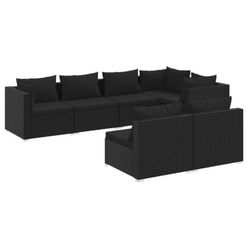 7-Piece Garden Lounge Set with Cushions Black Poly Rattan Wicker Outdoor Patio Furniture