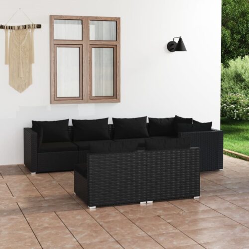 7-Piece Garden Lounge Set with Cushions Black Poly Rattan Wicker Outdoor Patio Furniture - Image 2
