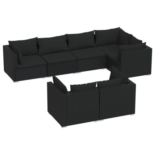 7-Piece Garden Lounge Set with Cushions Black Poly Rattan Wicker Outdoor Patio Furniture