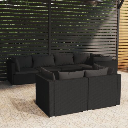 7-Piece Garden Lounge Set with Cushions Black Poly Rattan Wicker Outdoor Patio Furniture - Image 2
