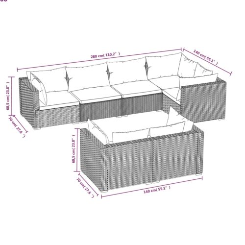7-Piece Garden Lounge Set with Cushions Black Poly Rattan Wicker Outdoor Patio Furniture - Image 5
