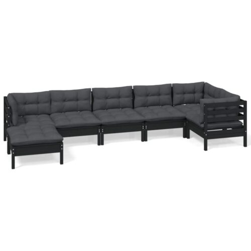 7-Piece Garden Lounge Set with Cushions Black Pine Wood Outdoor Patio Furniture