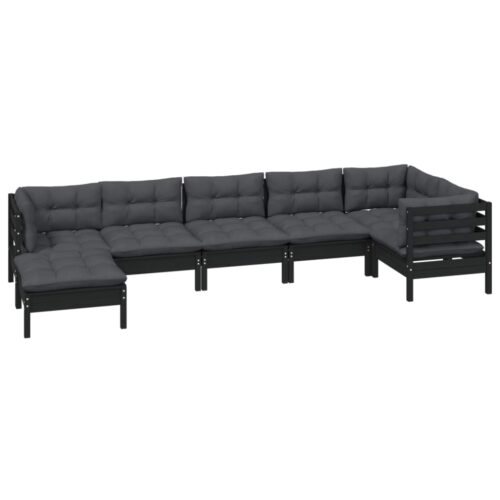 7-Piece Garden Lounge Set with Cushions Black Pine Wood Outdoor Patio Furniture - Image 3