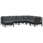 7-Piece Garden Lounge Set with Cushions Black Pine Wood Outdoor Patio Furniture