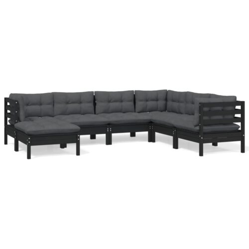 7-Piece Garden Lounge Set with Cushions Black Pine Wood Outdoor Patio Furniture