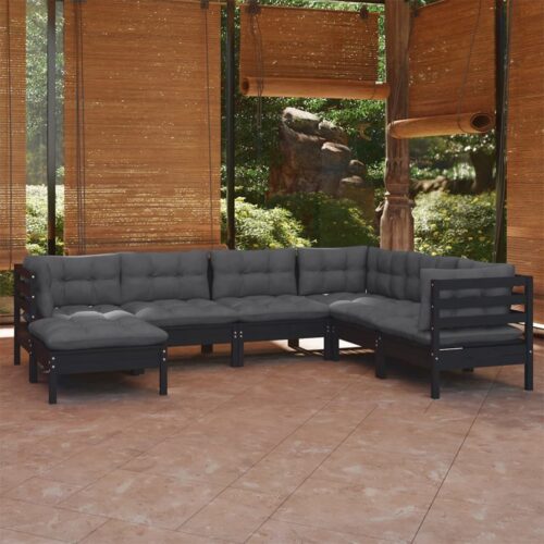 7-Piece Garden Lounge Set with Cushions Black Pine Wood Outdoor Patio Furniture - Image 2