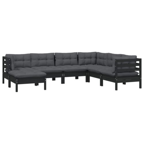 7-Piece Garden Lounge Set with Cushions Black Pine Wood Outdoor Patio Furniture - Image 3