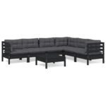 7-Piece Garden Lounge Set with Cushions Black Pine Wood Outdoor Patio Furniture